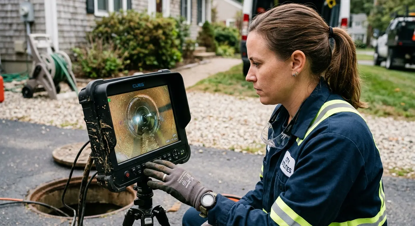 Technician reviewing sewer camera inspection footage in Westchase