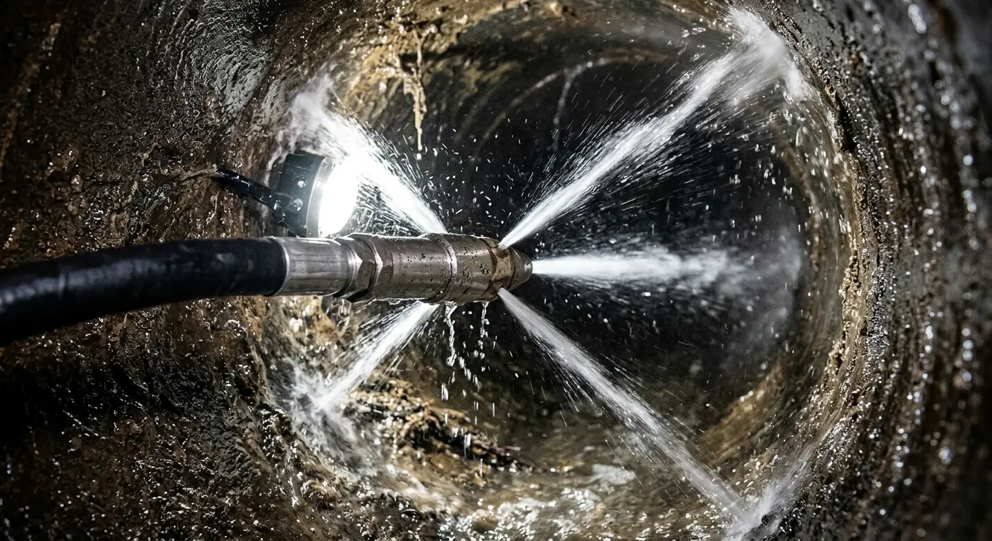 High-pressure hydro jetting nozzle cleaning sewer pipe for Sewer Cleanout in Westchase