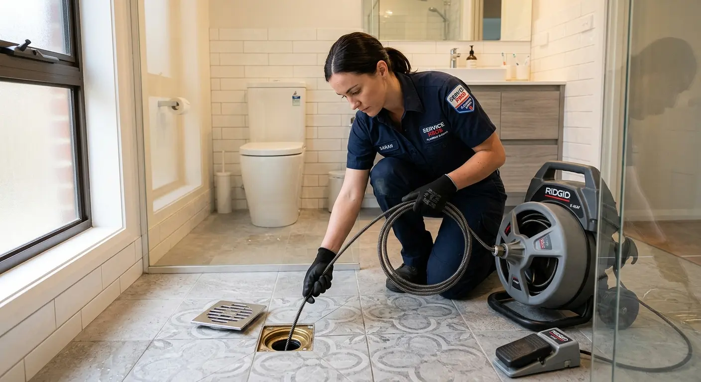 Technician clearing a bathroom floor drain for Drain Repair in Westchase